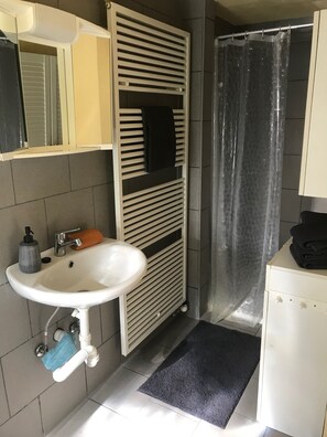 Shower, towels, soap, toilet paper