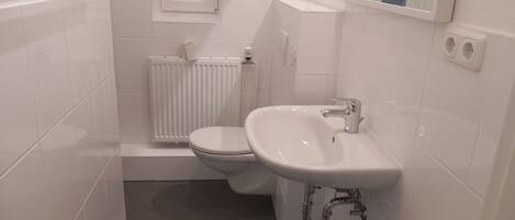 Ein kleines, modernes Badezimmer mit Toilette, Waschbecken und Dusche.