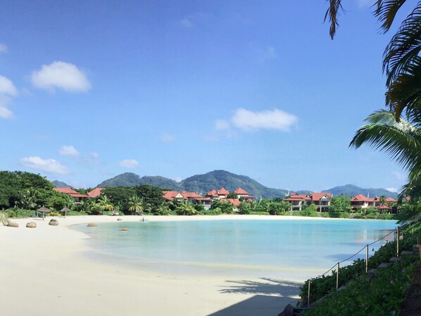 On the beach, sun-loungers, beach towels