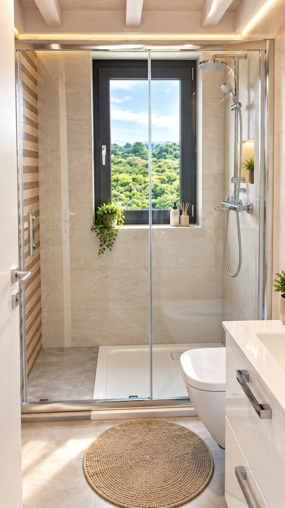 Un baño moderno con cabina de ducha de vidrio, bañera y ventana con vistas a zonas verdes.