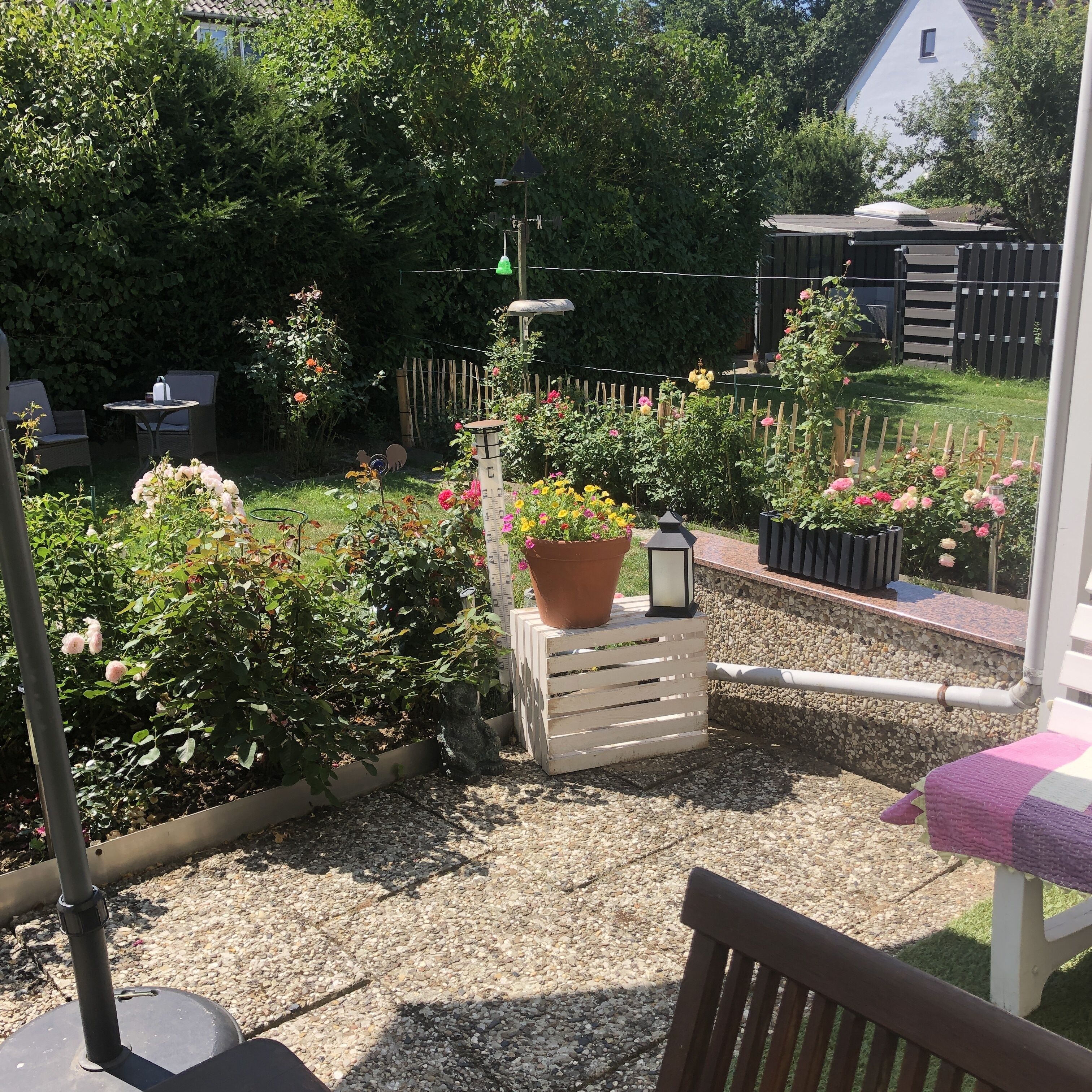 A garden area with a patio table and chairs, surrounded by various potted plants and flowers.