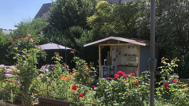 An outdoor seating area with a table and chairs, surrounded by a garden with various plants and flowers.