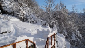 Un espace extérieur enneigé, doté d’un mur en pierre et d’une rambarde en bois, entouré d’arbres et surplombé d’un ciel dégagé.