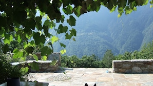 Une terrasse en pierre avec un chat, entourée de verdure et avec une chaîne de montagnes en arrière-plan.