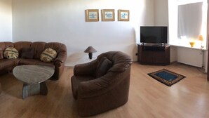 A living room with a brown leather sofa, a single armchair, a coffee table, a flat-screen TV, and a small rug.