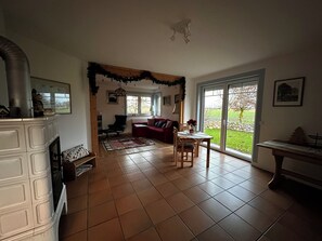 TV, fireplace, toys, books