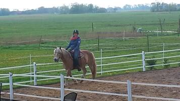 Une personne à cheval dans une arène en plein air, entourée d’une clôture blanche.