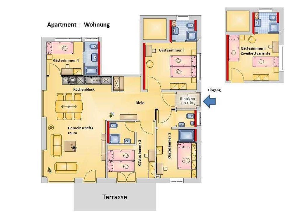 Un plan d’étage d’un appartement comprenant une cuisine, deux chambres, un salon et une terrasse.