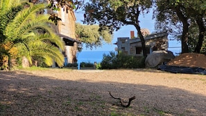 A coastal property with a stone building, palm trees, and a view of the sea.