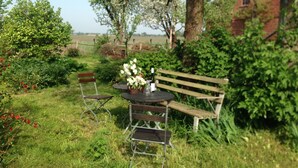 Un jardin avec un banc en bois, une table en métal et une plante en pot.