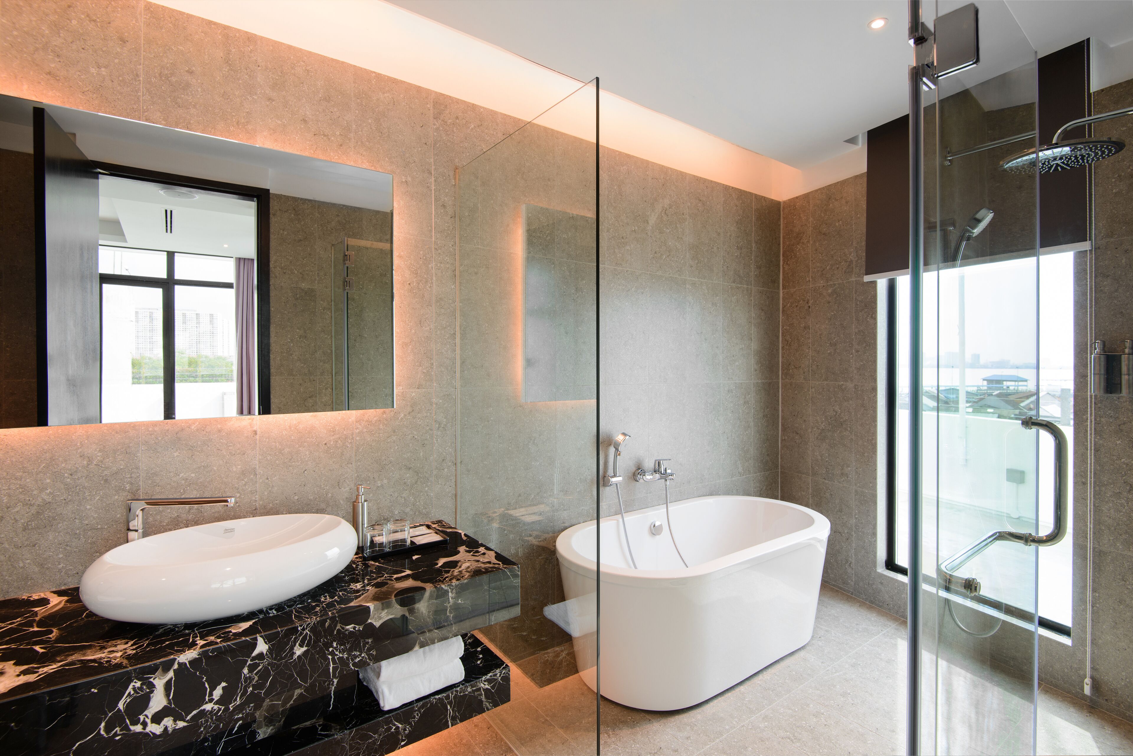 savv premier | bathroom | shower, rainfall showerhead, free toiletries, hair dryer