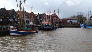 Ein Hafen mit mehreren angedockten Booten, ein Gebäude mit rotem Dach und ein Schild mit der Aufschrift 'Huis aan Zee'.