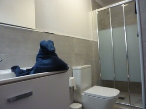 Baignoire, sèche-cheveux, bidet, serviettes fournies