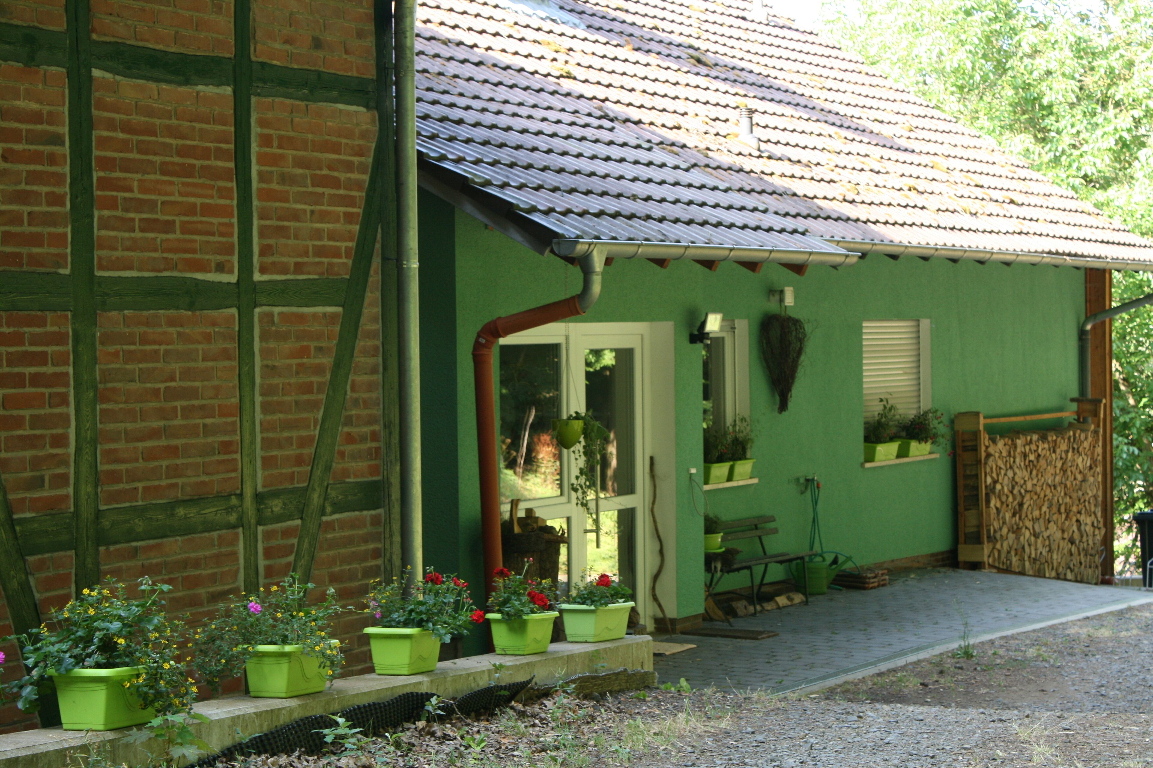 A green house with a tiled roof, a brick wall, and a wooden door. There are potted plants in front of the house.