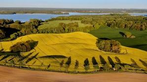 A panoramic view of a rural landscape with rolling hills, a lake, and a forested area. - Lakeside new direct lakeside location lakeside terrace, bathing lake, biosphere wifi (salem)