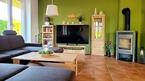 A living room with a sofa, TV, wooden coffee table, and a fireplace.
