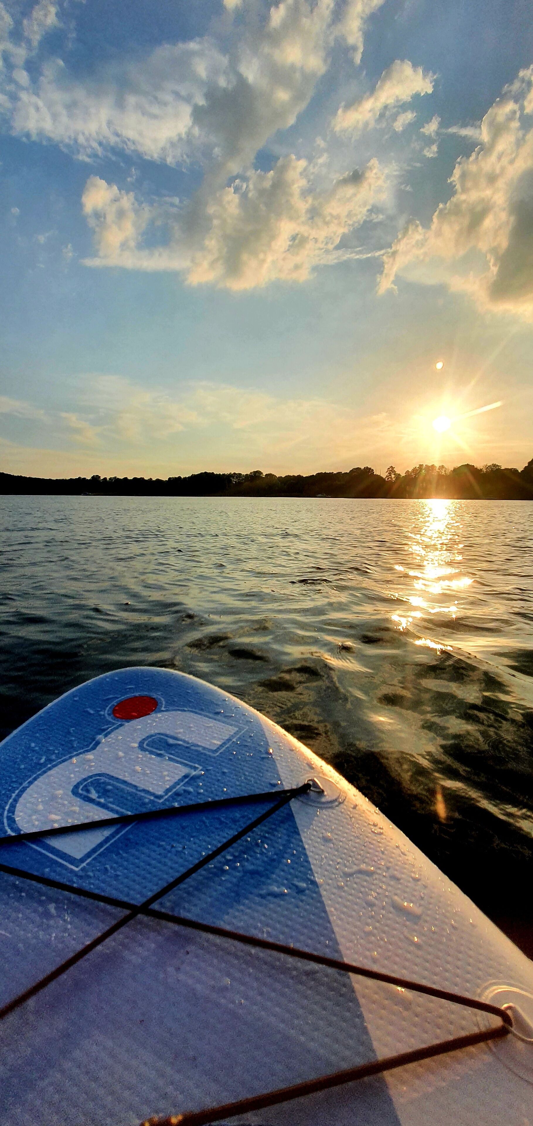 Una tabla de surf con un logotipo sobre una extensión de agua al atardecer.