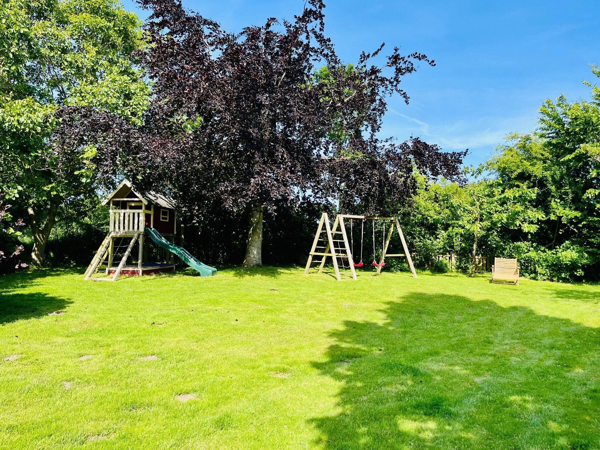 Une aire de jeux avec un toboggan et des balançoires, entourée d’arbres et d’herbe.