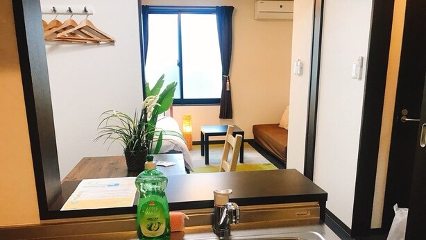 A modern kitchen with a stainless steel sink, a bottle of dish soap, and a potted plant. - GH One More Heart at Kamishichiken 3 (Kyoto)