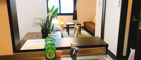 Fridge, microwave, stovetop, electric kettle