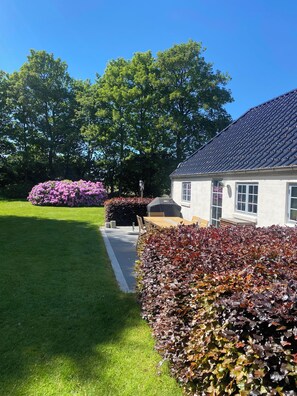 A house with a tiled roof, a lawn, and a garden with purple flowers and red foliage.