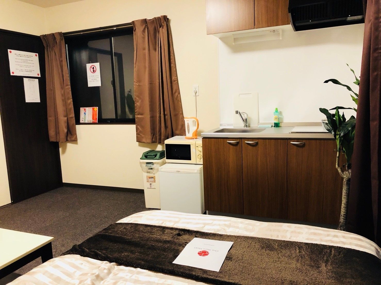 A hotel room with a bed, a small kitchenette, a window with curtains, and a plant.