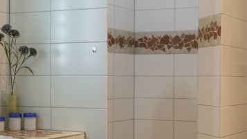 Dusche, Haartrockner, Handtücher, Seife