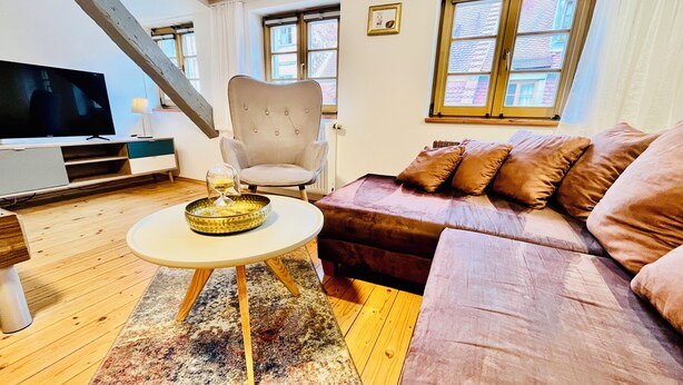 A living room with a sofa, a chair, a TV, and a table with a glass. - live individually and modernly in old walls (Görlitz)