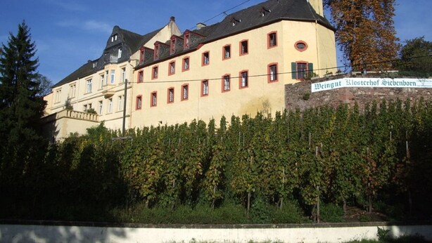 Ein großes, historisches Gebäude mit zahlreichen Fenstern und einem Schild mit der Aufschrift 'Mingut Mesterhof Siebenborn'.