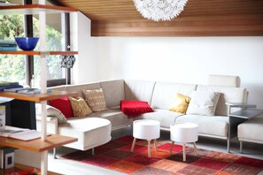 Fernseher, DVD-Player, Bücher, Musikbibliothek