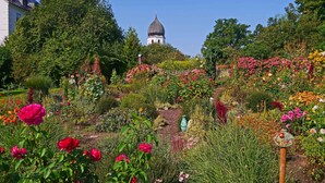 Ein Garten mit bunten Blumen und ein Gebäude mit einer Kuppel im Hintergrund.