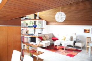 Fernseher, DVD-Player, Bücher, Musikbibliothek