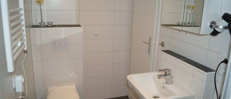 A small bathroom with a toilet, sink, and mirror.