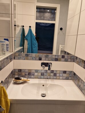Shower, hair dryer, soap, toilet paper