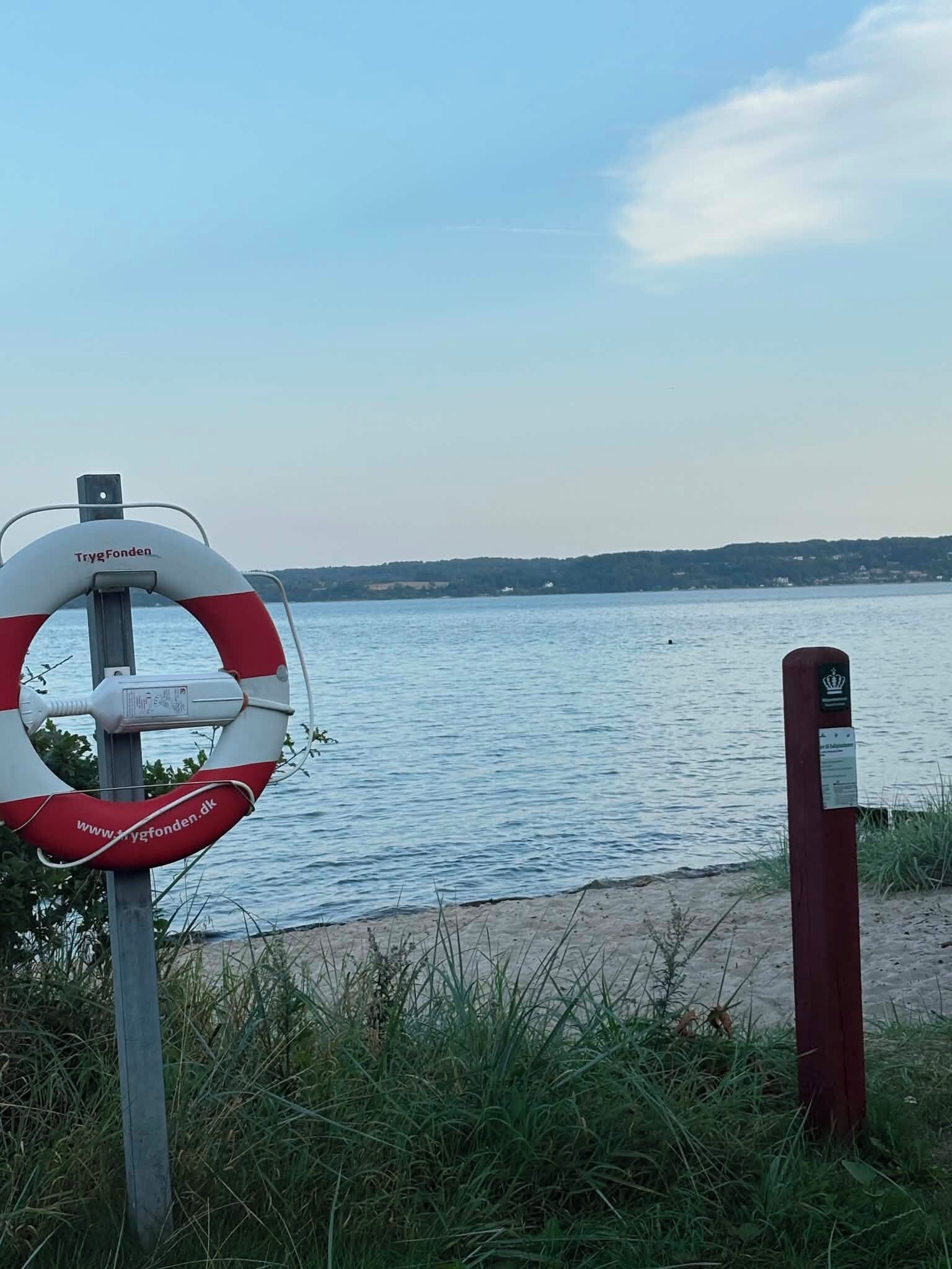 Une bouée de sauvetage portant l’adresse d’un site web, un poteau rouge et une étendue d’eau calme avec une rive éloignée.