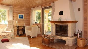 Fernseher, Kamin, DVD-Player, Bücher