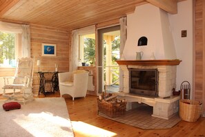 TV, fireplace, DVD player, books