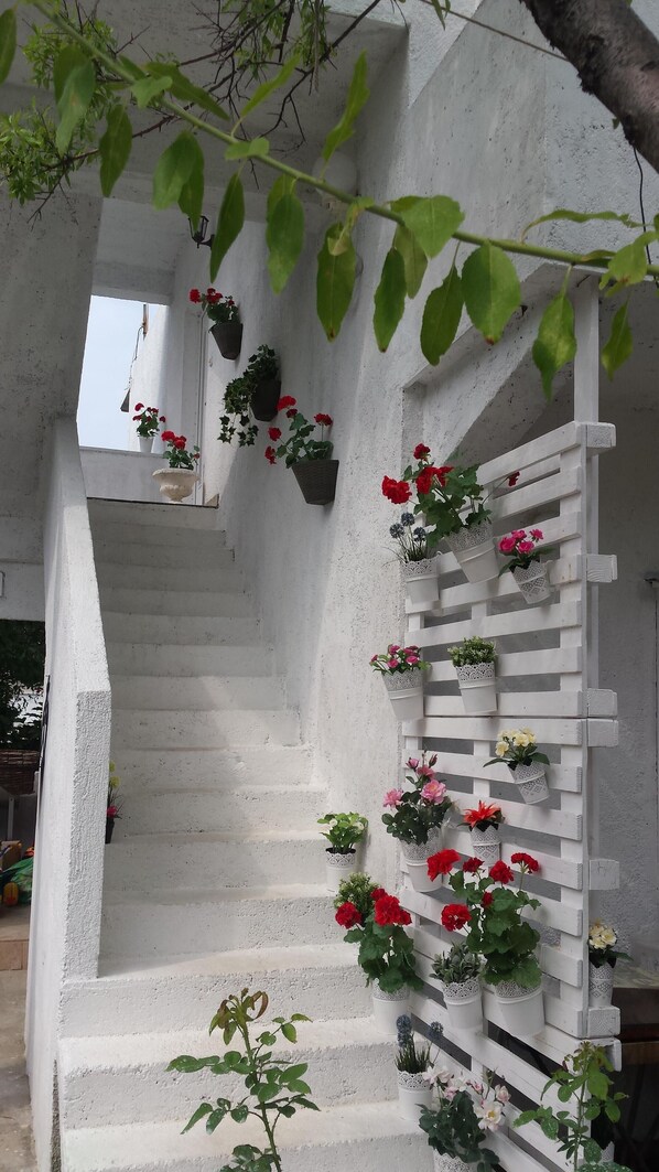 A white staircase with multiple planters holding various flowers.