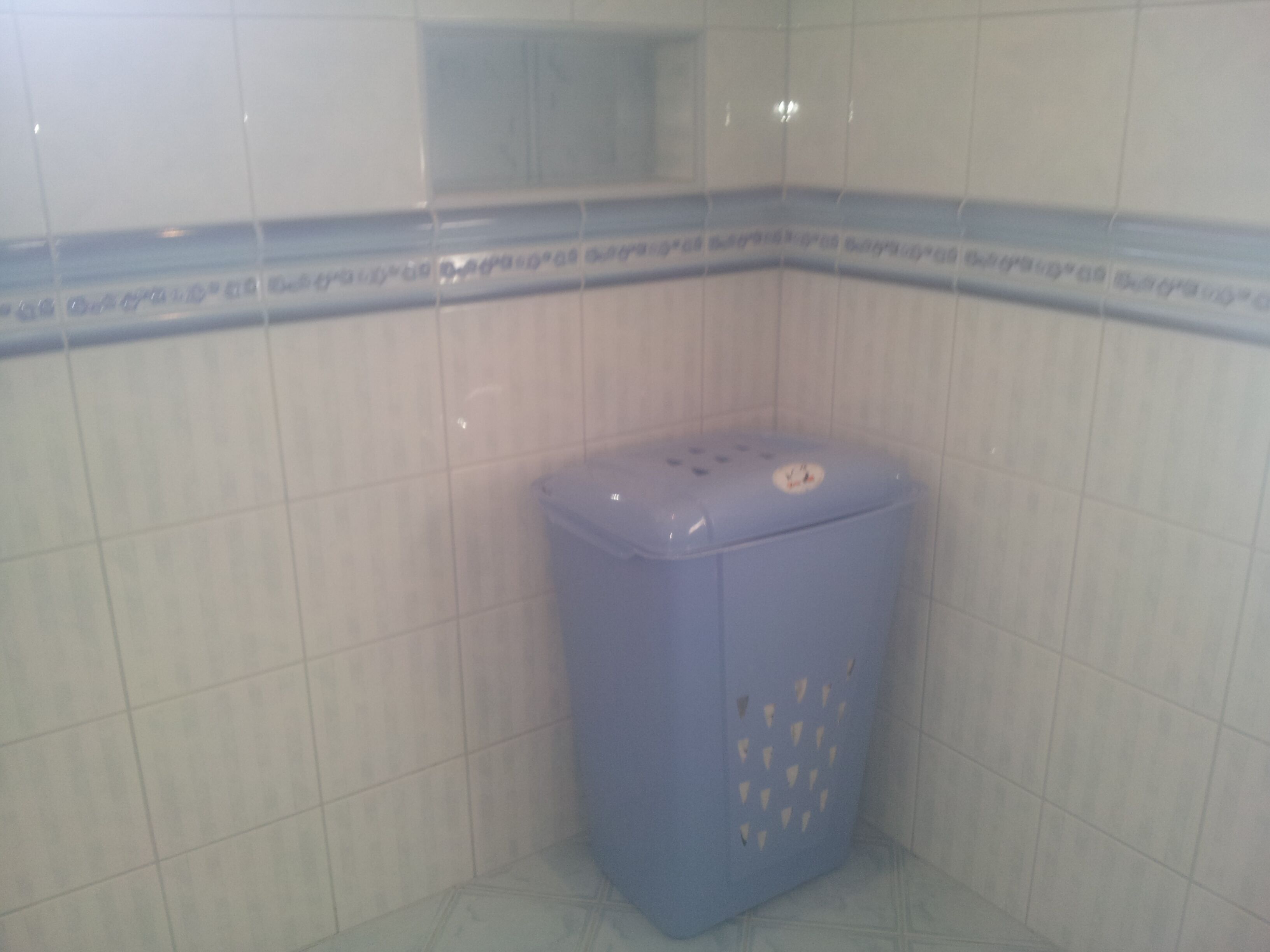 Une salle de bain avec des toilettes bleues, des murs recouverts de carreaux blancs et une bordure bleue et blanche.