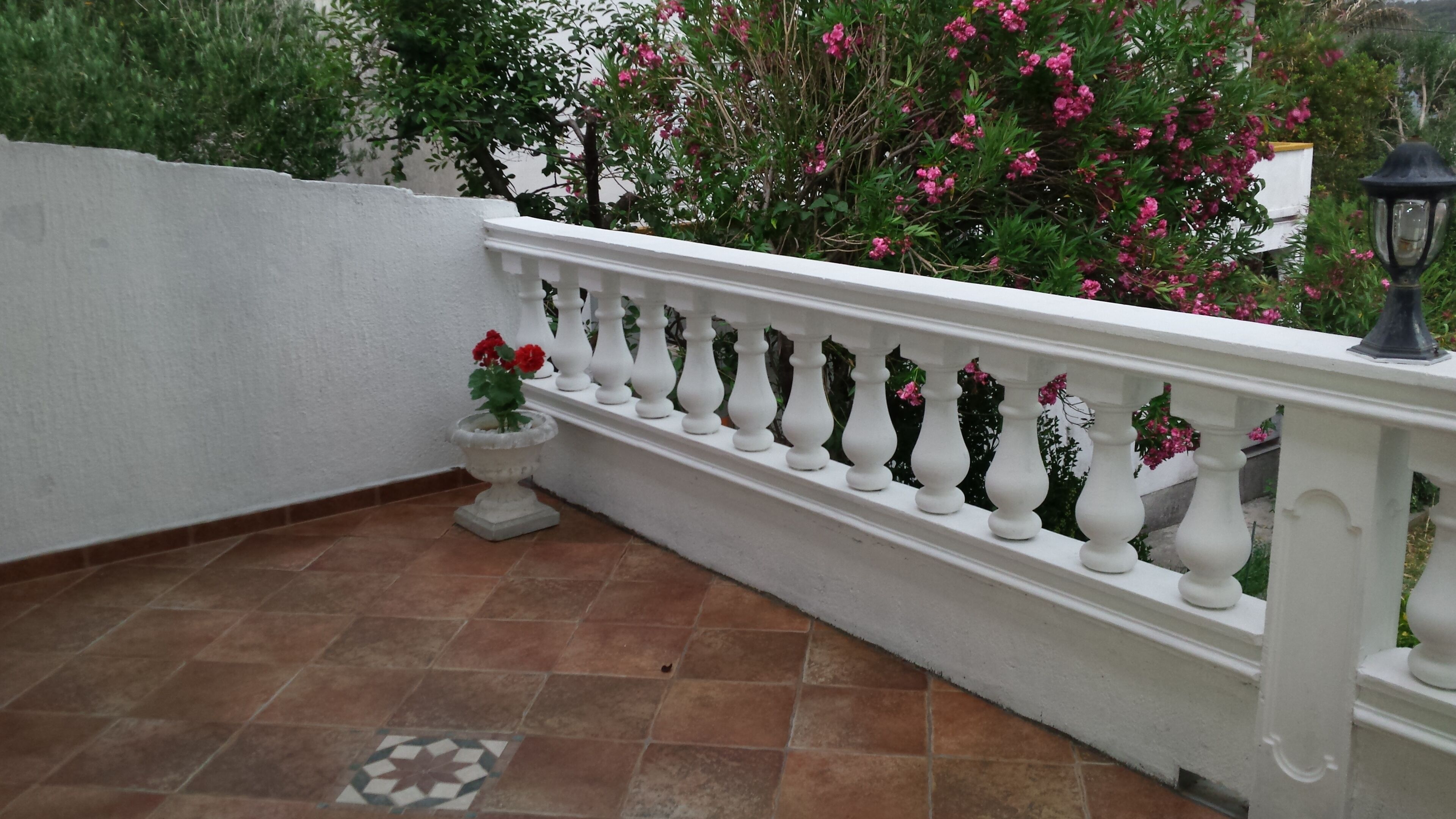A balcony with a white balustrade, a potted plant with red flowers, and a tiled floor with a geometric pattern.