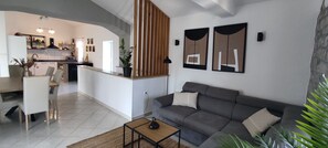 Fernseher, Kamin, DVD-Player, Musikbibliothek