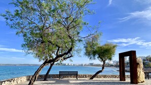 A coastal park with a stone bench, a wooden sculpture, and trees overlooking the sea.
