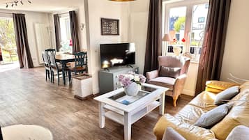 Smart TV, fireplace, books
