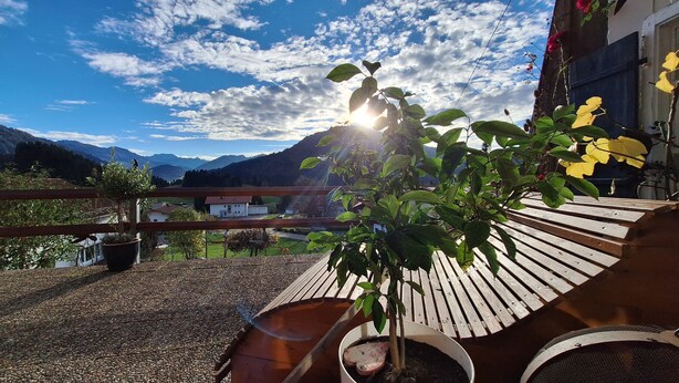 Eine Holzterrasse mit einem Blumentopf, einer Holzbank und Blick auf Berge sowie ein Haus im Hintergrund.