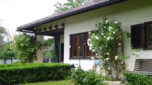 Una casa con porche cubierto, ventana con contraventanas y jardín con diversas plantas.