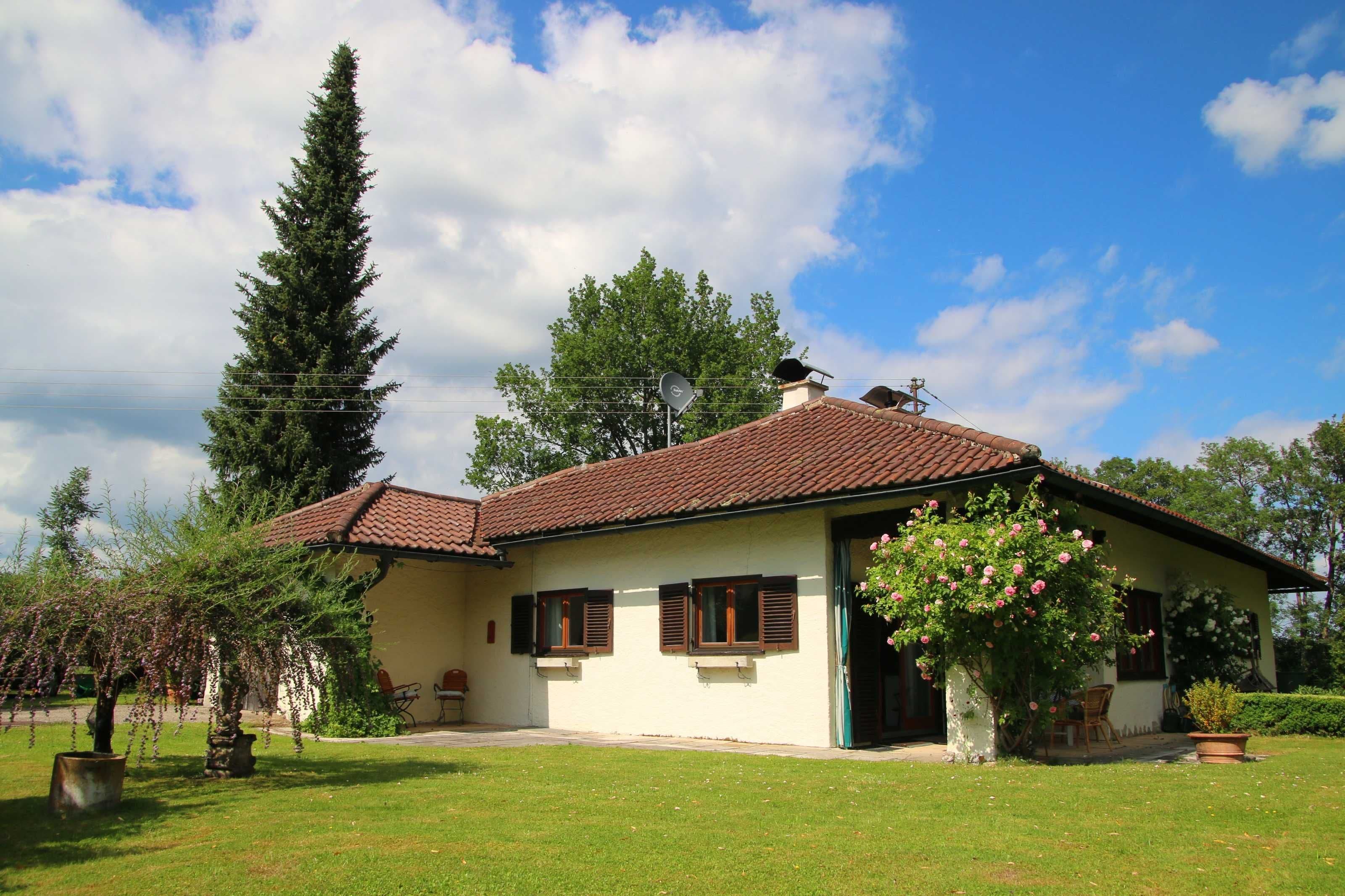 A single-story house with a tiled roof, a garden with a lawn, and a tall tree.