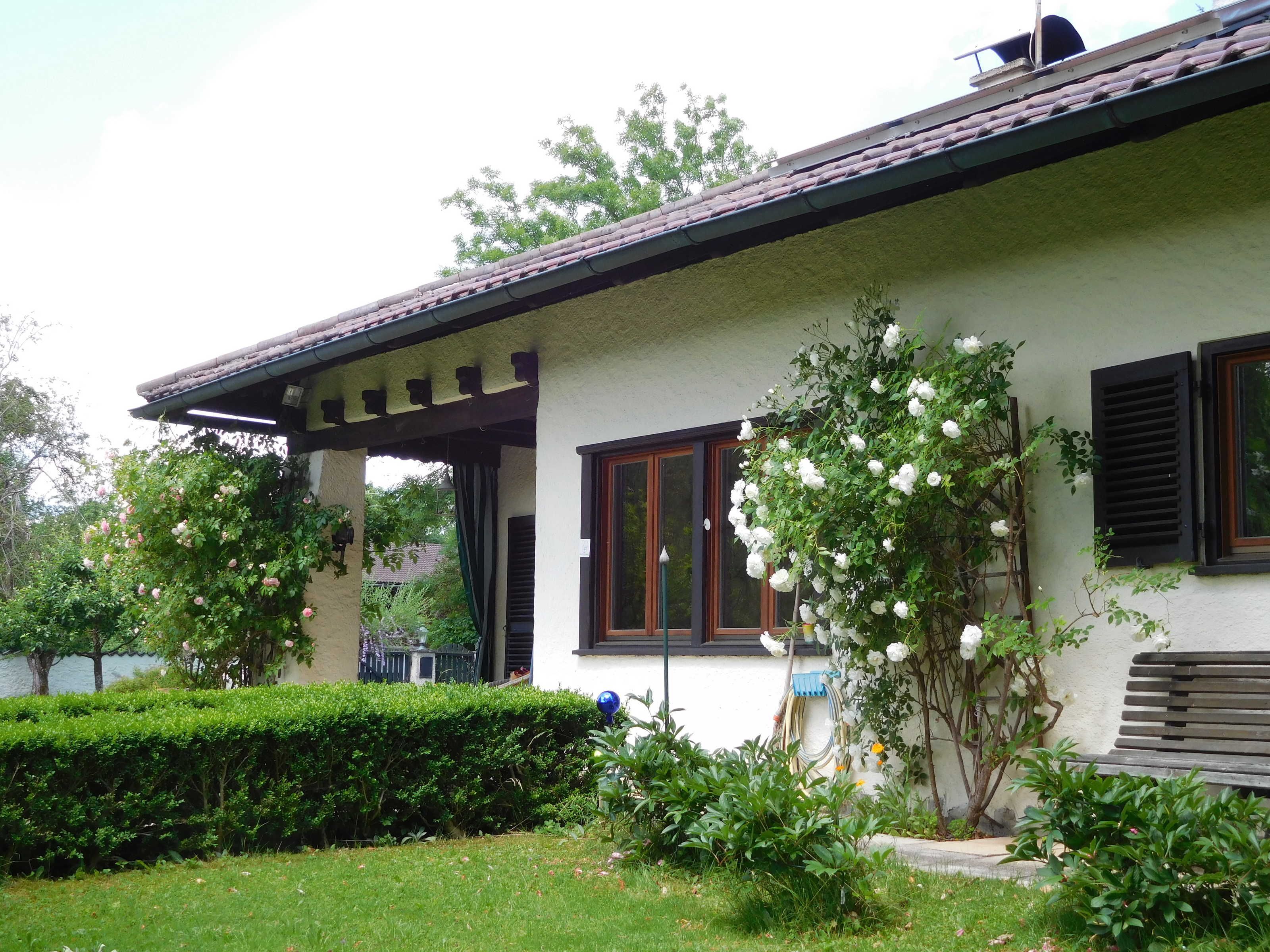 A house with a covered porch, a window with shutters, and a garden with various plants.