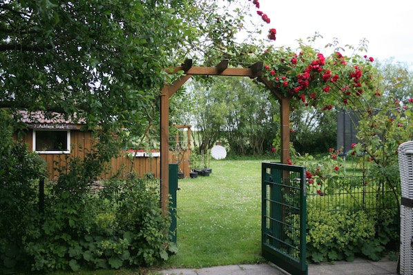 A wooden arbor with red flowers, a green gate, and a wooden structure in the background.