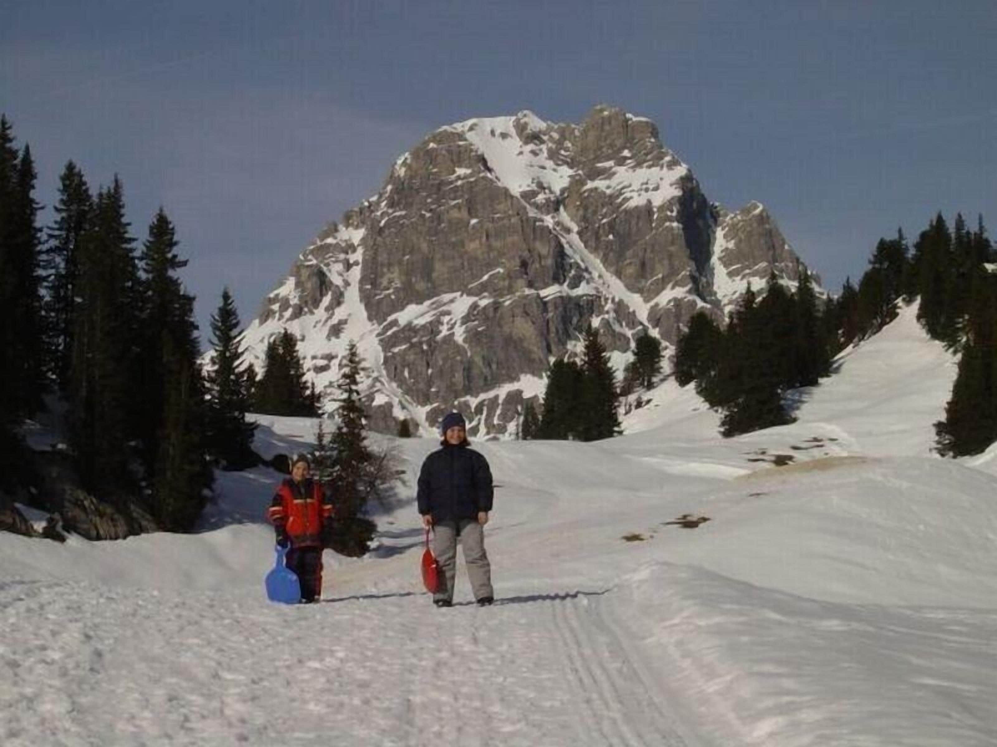 A snowy mountain path with a rocky mountain in the background and trees on either side.