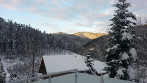 Eine verschneite Berglandschaft mit einer Holzhütte und einem Metallgeländer.
